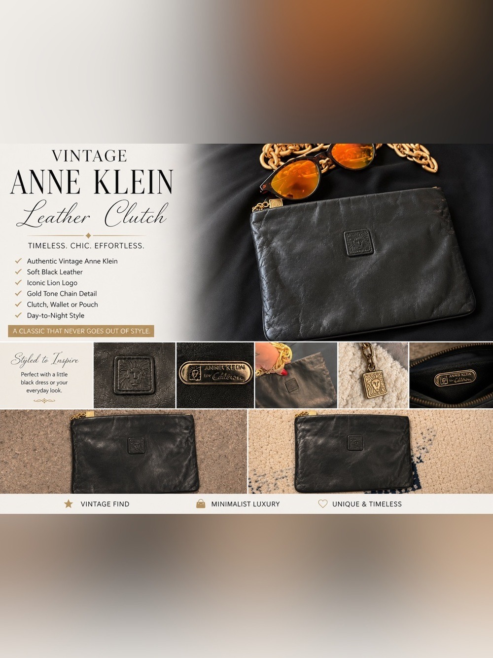 Vintage Anne Klein Black Leather Clutch Envelope Pouch Goldtone pull Chic Y2K - Picture 3 of 15